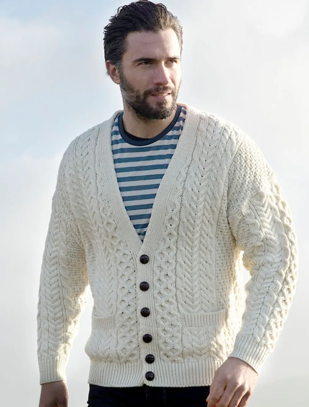 Online Merino Wool Aran Men's V-Neck Cardigan Cardigans, Jackets & Coats