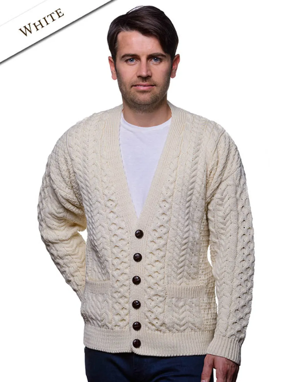 Online Merino Wool Aran Men's V-Neck Cardigan Cardigans, Jackets & Coats