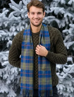Clearance Narrow Lambswool Checked Scarf - Blue Olive Plaid Women Plaid & Tartan Scarves|Lambswool Scarves