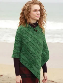 Clearance Plated Aran Poncho with Button Detail Women Ponchos, Capes & Shawls