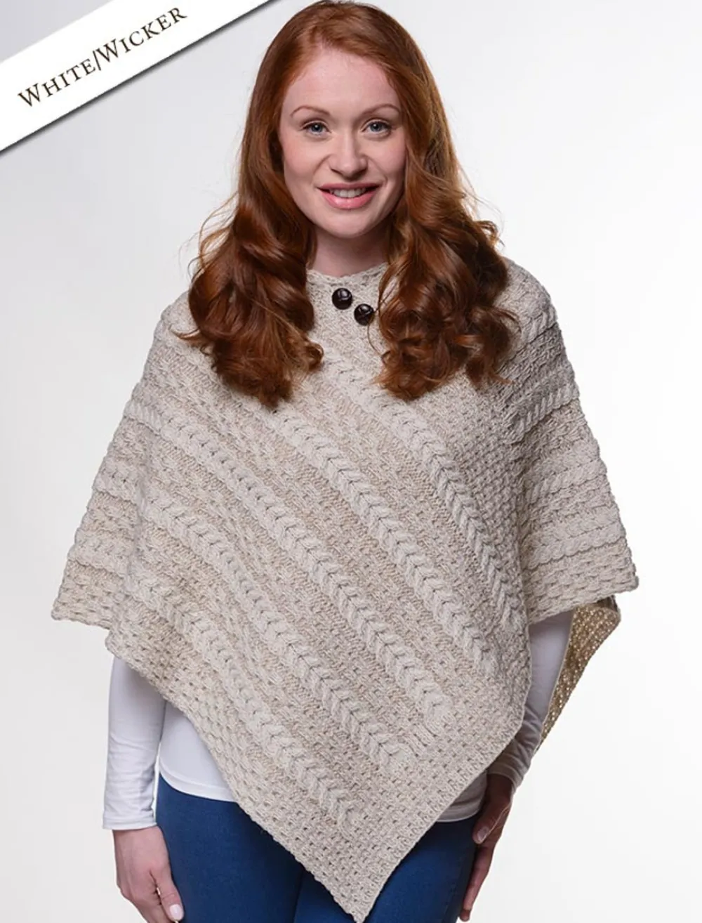 Clearance Plated Aran Poncho with Button Detail Women Ponchos, Capes & Shawls