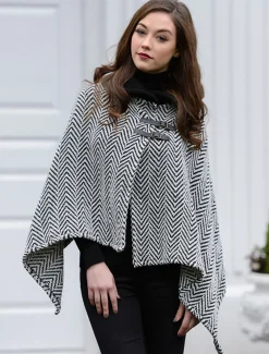 Best Sale Shawl Collar Herringbone Poncho with Buckle Detail Women Ponchos, Capes & Shawls