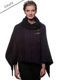 Best Sale Shawl Collar Herringbone Poncho with Buckle Detail Women Ponchos, Capes & Shawls