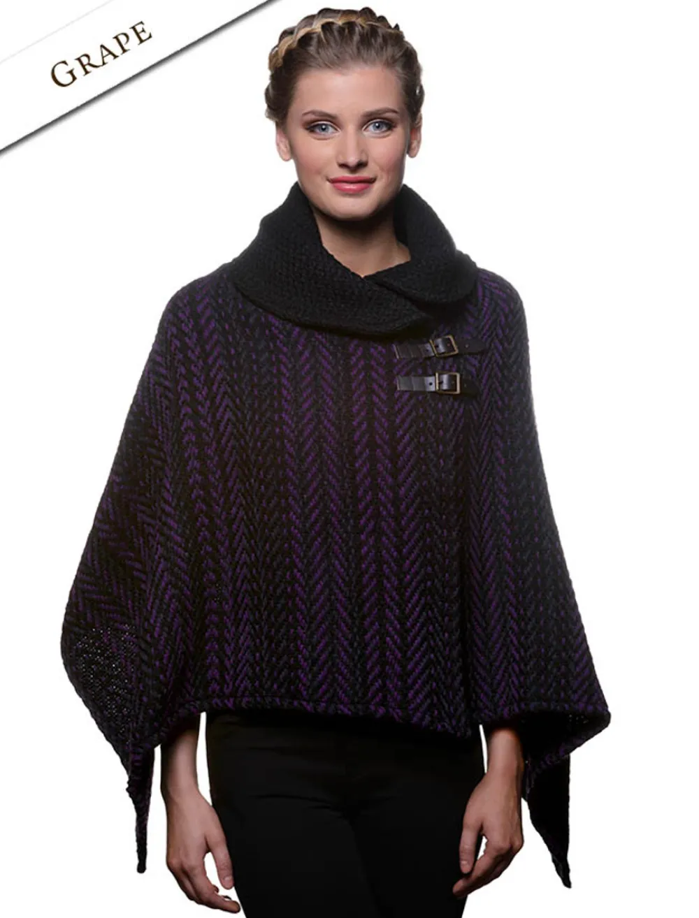 Best Sale Shawl Collar Herringbone Poncho with Buckle Detail Women Ponchos, Capes & Shawls