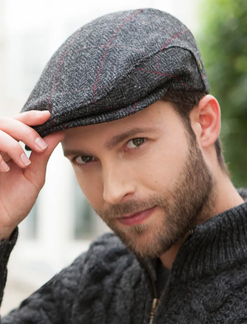 Fashion Trinity Tweed Flat Cap - Charcoal with Red Irish Flat Caps