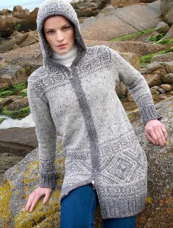 Sale Women's Fair Isle Long Hooded Coatigan with Celtic Knot Zipper Pull Women Cardigans, Jackets & Coatigans